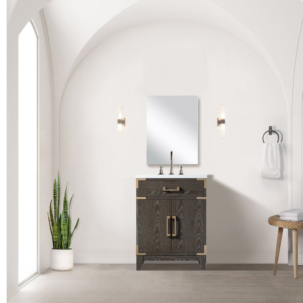 English Elm Brown Oak Single Bath Vanity - Compact 24" W Ready-To-Install Unit With Soft-Close Storage Cabinet B2731P259738