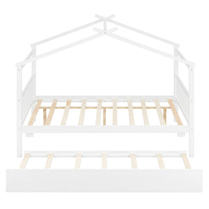 English Elm Full Size House Bed Solid Pinewood Frame with Pull Out Twin Trundle for Kids White LP000305AAK-1