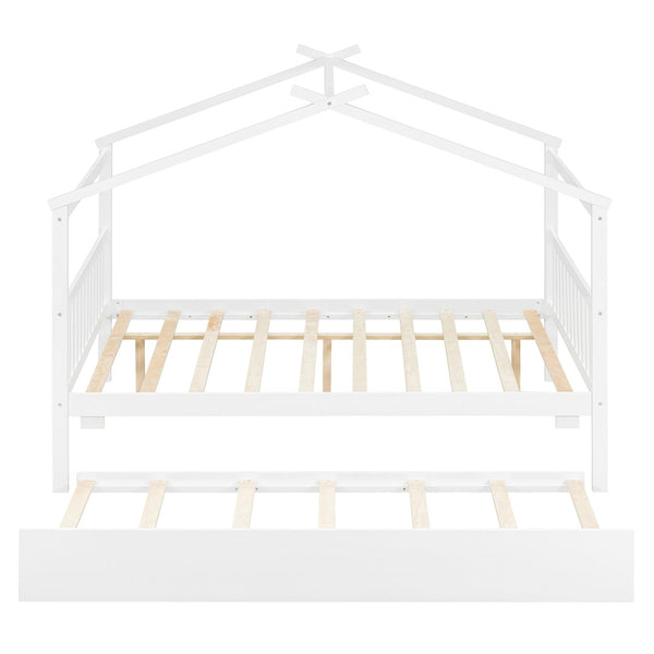 English Elm Full Size House Bed Solid Pinewood Frame with Pull Out Twin Trundle for Kids White LP000305AAK-1