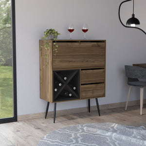 English Elm Sheffield Industrial Bar Cabinet with Eight Bottle Cubbies and Steel Legs for Home Entertaining B128S00155