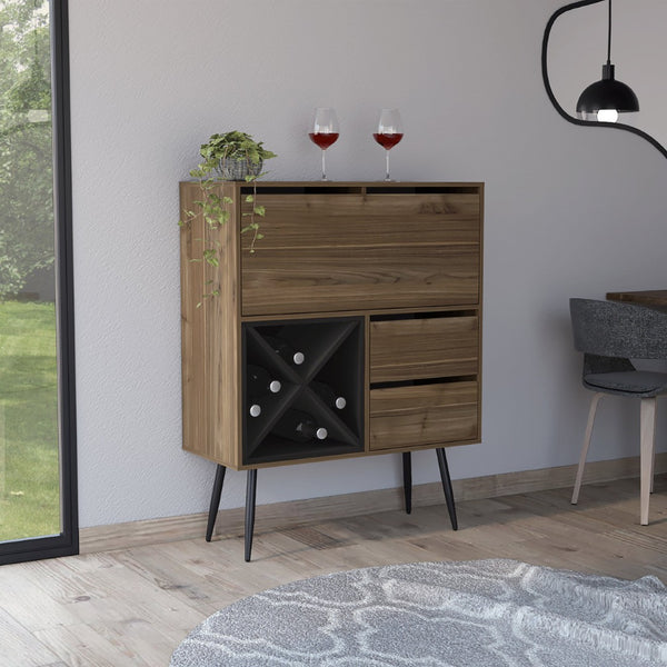 English Elm Sheffield Industrial Bar Cabinet with Eight Bottle Cubbies and Steel Legs for Home Entertaining B128S00155