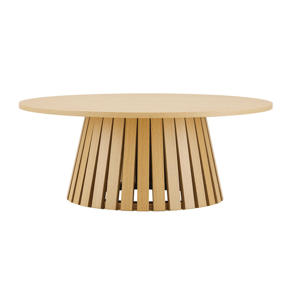 English Elm Layla Round Coffee Table with Slatted Conical Base, Wood Grain Finish, 35.4" Top for Stylish Living Room Decor Light Oak B365P398084