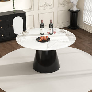 English Elm 53" Marble Round Dining Table with Sintered Stone Top and Stainless Steel Cone Base, Durable Elegance Black,White Marble W2700S00001