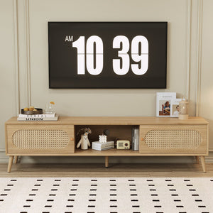 English Elm Boho Rattan-Style TV Stand for TVs up to 80" — Modern Farmhouse Media Console with Storage Drawer and Cable Management N710P222775P