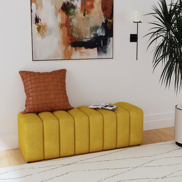 English Elm Fabric Upholstered Accent Bench with Arms in Soft Neutral Fabric, Sleek Black Legs for Modern Chic Seating Mustard yellow B016P383660