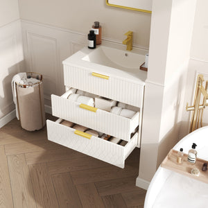 English Elm 24inch Bathroom Vanity with Ceramic Basin Sink, Wall-Mounted Double Drawer Cabinet for Small Baths White N710P324097K