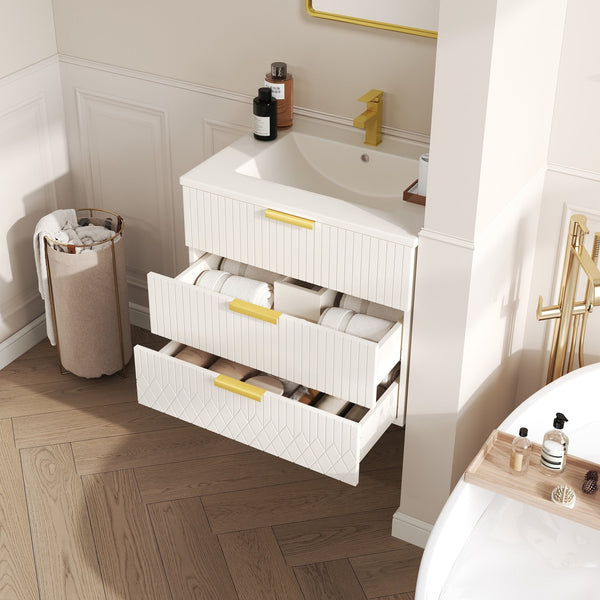 English Elm 24inch Bathroom Vanity with Ceramic Basin Sink, Wall-Mounted Double Drawer Cabinet for Small Baths White N710P324097K