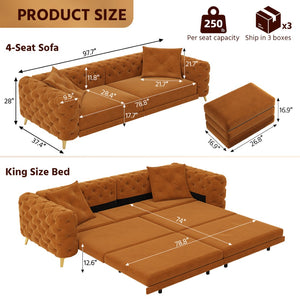 English Elm 97.6" Oversized Velvet Chesterfield Sleeper Sofa Floral Tufted Roll Arm Living Room Couch Orange W1885S00299
