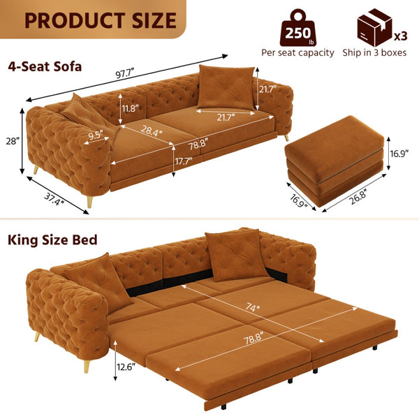 English Elm 97.6" Oversized Velvet Chesterfield Sleeper Sofa Floral Tufted Roll Arm Living Room Couch Orange W1885S00299