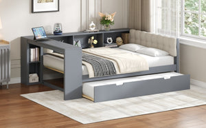English Elm Wood Twin Platform Bed Linen Headboard Storage Shelves Trundle Charging Station Gray N709P004024E