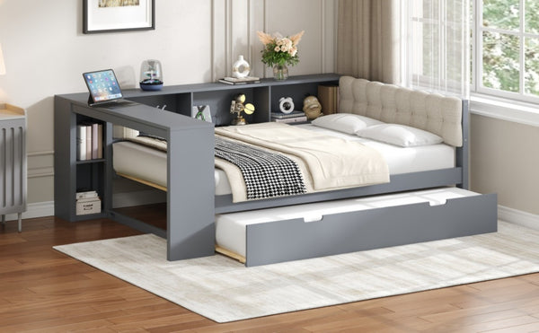 English Elm Wood Twin Platform Bed Linen Headboard Storage Shelves Trundle Charging Station Gray N709P004024E