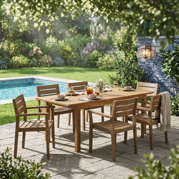 English Elm 7 Piece Solid Acacia Hardwood Expandable Outdoor Dining Set with Six Slatted Chairs Grey,Teak N762S000033AAE