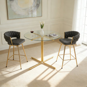 English Elm 2-person Tempered Glass Bar Table Set with Swivel Upholstered Chairs for Kitchen Dining Dark Gray,Gold,Transparent W2920S00120