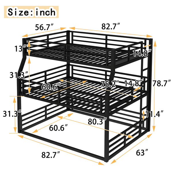 English Elm Full/Full Xl Over Queen Metal Triple Bunk Bed With Safety Guardrails – Heavy-Duty, Noise-Reducing Design W1580S00175