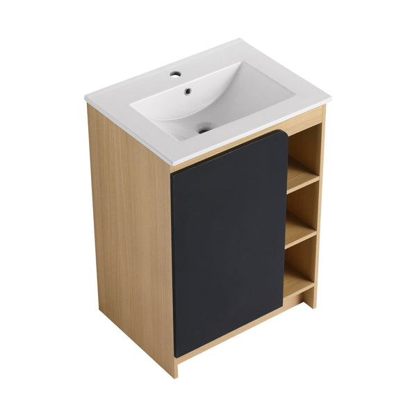 English Elm 24" Freestanding Vanity Light Oak Plywood Ceramic Sink Open Shelves Small Bath W3450P440612