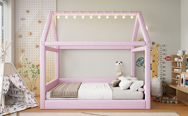 English Elm Full Size Upholstered House Daybed With Led Lights – Cozy Pink Retreat For Kids & Guests N7500001335H