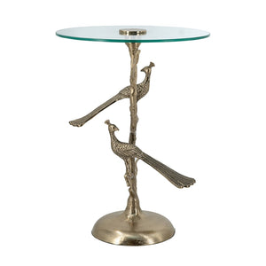 English Elm 17.7x17.7x24" Gold Peacock Round Glass Top Sculptural Aluminum Art Deco Accent Table W2078P461575