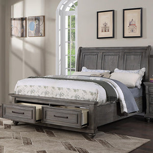 English Elm Eastern King Sleigh Bed with Underbed Storage Drawers Gray Vintage 3-Panel Headboard 94x81x57" B011S01401