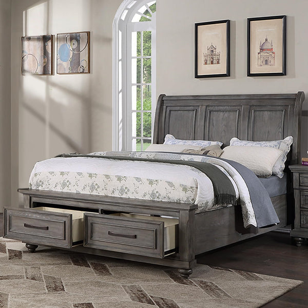 English Elm Queen Sleigh Bed with Underbed Drawers Gray Vintage Transitional 3-Panel Headboard Storage Classic Elegance B011S01399