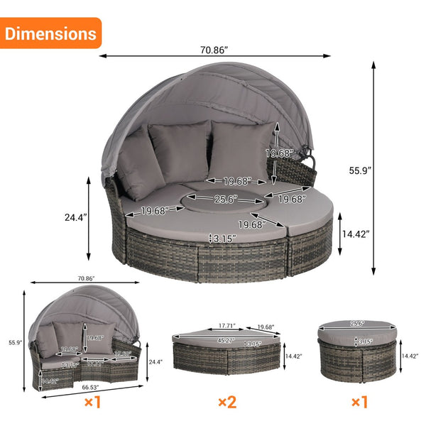 English Elm 5 Piece Outdoor Wicker Daybed Set with Retractable Canopy and Quick Dry Cushions Dark Gray W874S00035