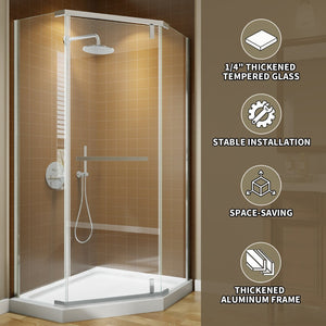 English Elm Corner Frameless Neo-angle Pivot Shower Enclosure with Tempered Glass and Sleek Hardware Brushed Nickel W637P348806