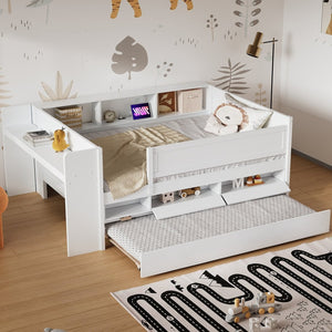English Elm Multi-functional Twin Daybed with Trundle Desk Usb Charging Pine Wood Storage GX000462AAK