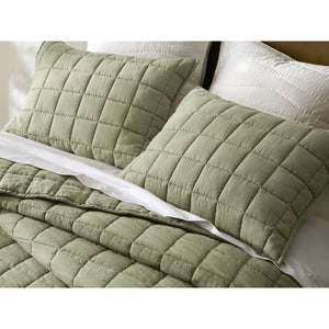 English Elm 3-piece French Linen Quilt Set King Garment Washed Box Stitch Breathable Bedding Olive Green B035P408302