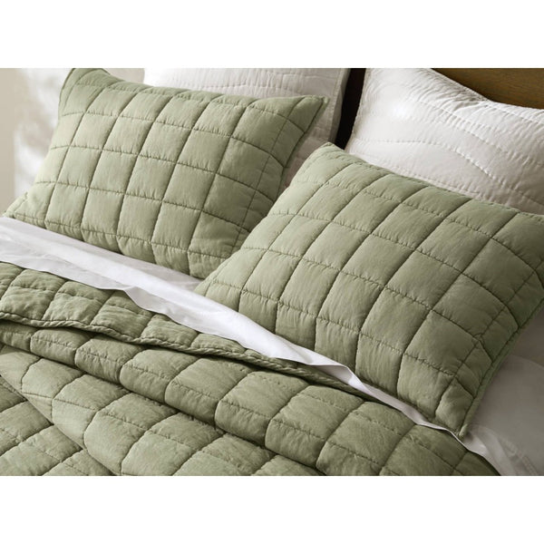 English Elm 3-piece French Linen Quilt Set King Garment Washed Box Stitch Breathable Bedding Olive Green B035P408302