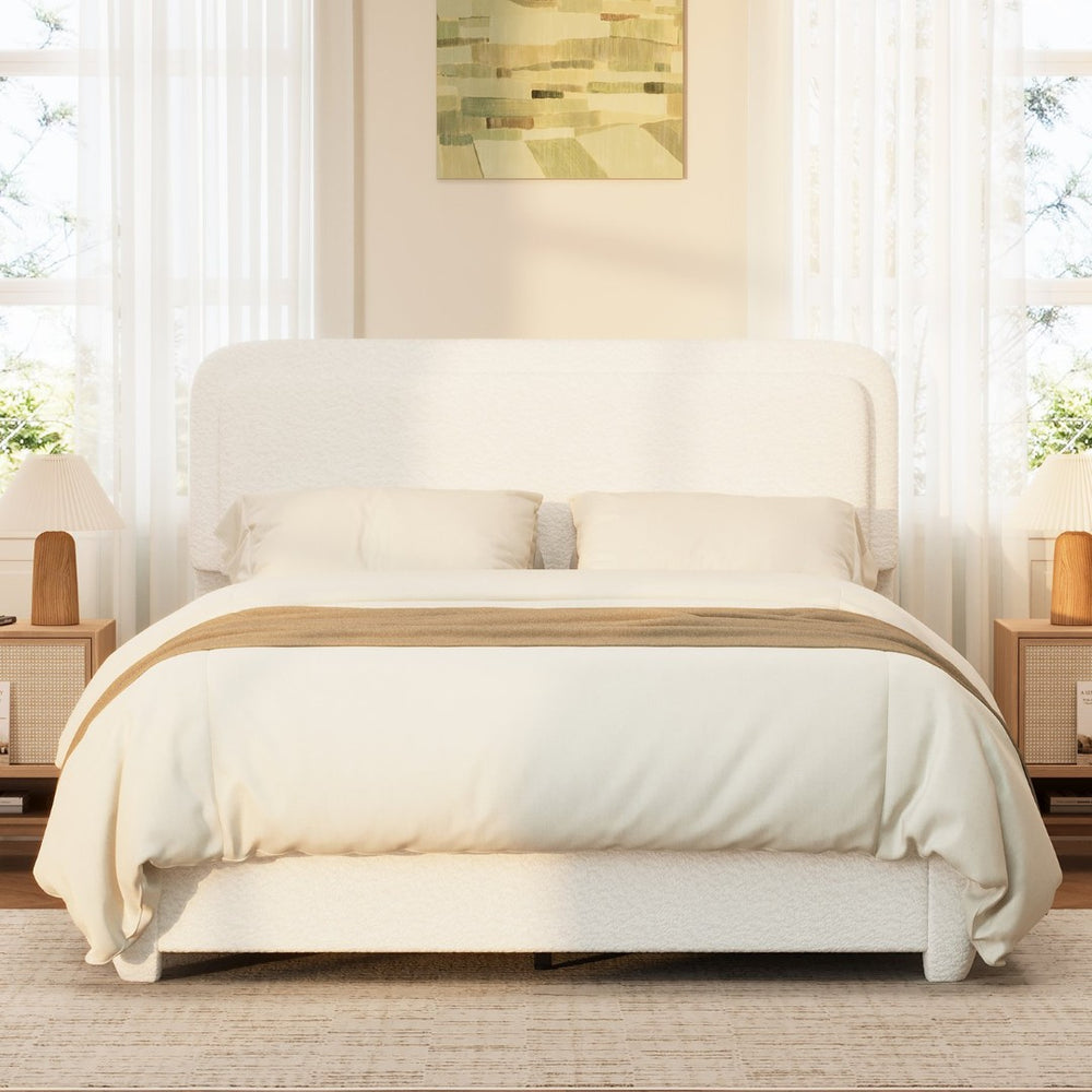 English Elm Boucle Queen Platform Bed Curved Cloud Headboard Low Profile Modern Bedroom Frame N733P439495K