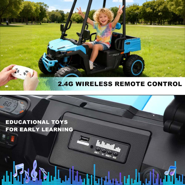 English Elm 24v Kids Electric Golf Cart Two Seat 4wd Ride on Toy with Remote and Sun Shade Blue W3822P387461