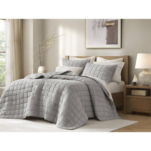 English Elm 3-piece French Linen Quilt Set Garment Washed Breathable Box Stitched Bedding Gray B035P408299