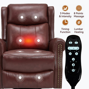 English Elm Heat Massage Rocker Swivel Recliner Genuine Leather Chair with Lumbar Vibration Nodes W3224S00014
