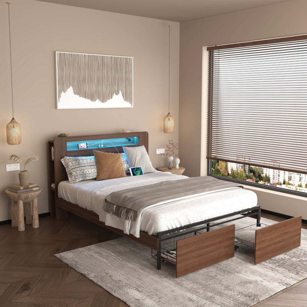 English Elm Bed Frame Full with Led Headboard Bookshelf Drawers Rustic Wood Storage Platform W2129P390128
