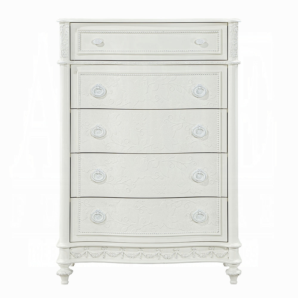 English Elm Ivory Romantic 5-Drawer Chest with Felt-Lined Top Drawer, Floral Accents & Mixed Pulls for Elegant Storage B062P209029