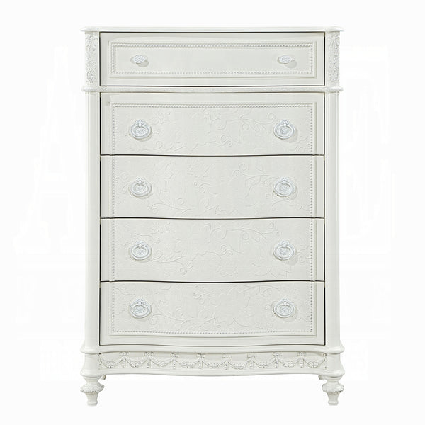 English Elm Ivory Romantic 5-Drawer Chest with Felt-Lined Top Drawer, Floral Accents & Mixed Pulls for Elegant Storage B062P209029