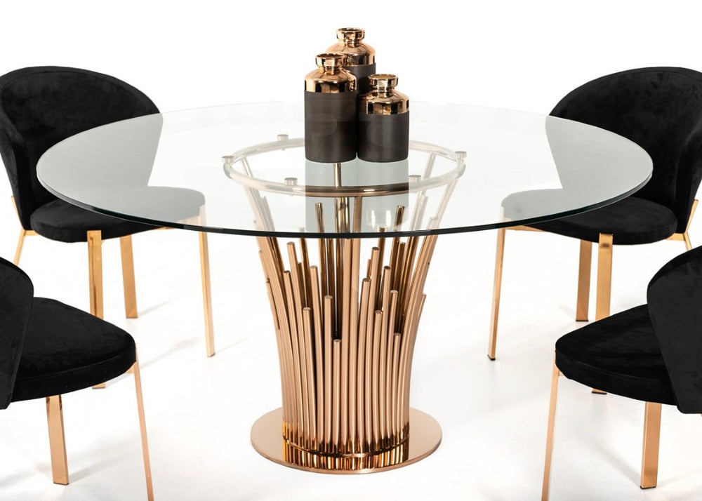 VIG Furniture Paxton Sculptural Round Glass Dining Table With Rose Gold Stainless Base, Seats 4, 59" Durable Top VGVCT817-RND