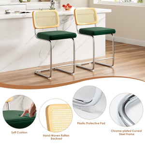 English Elm Farini Velvet Counter Height Bar Stools Set of 2 with Rattan Back, Cantilever Comfort & Floor Protectors Dark Green T3623P354964