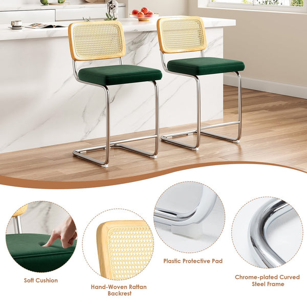 English Elm Farini Velvet Counter Height Bar Stools Set of 2 with Rattan Back, Cantilever Comfort & Floor Protectors Dark Green T3623P354964