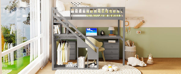 English Elm Twin Loft Bed with Staircase Desk Dual Drawers and Led Strip for Kids Rooms Gray LT000257AAE-1