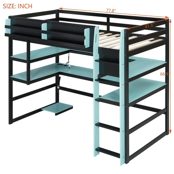 English Elm Twin Loft Bed with Rgb Lighting Usb Ports Wraparound Shelves and Gaming Desk Blue LT000298AAC