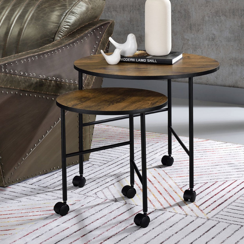 English Elm 2 Round Nesting Tables Set with Casters, Vintage Oak Tops & Metal Frame Base for Modern Living Room Decor B016P316053