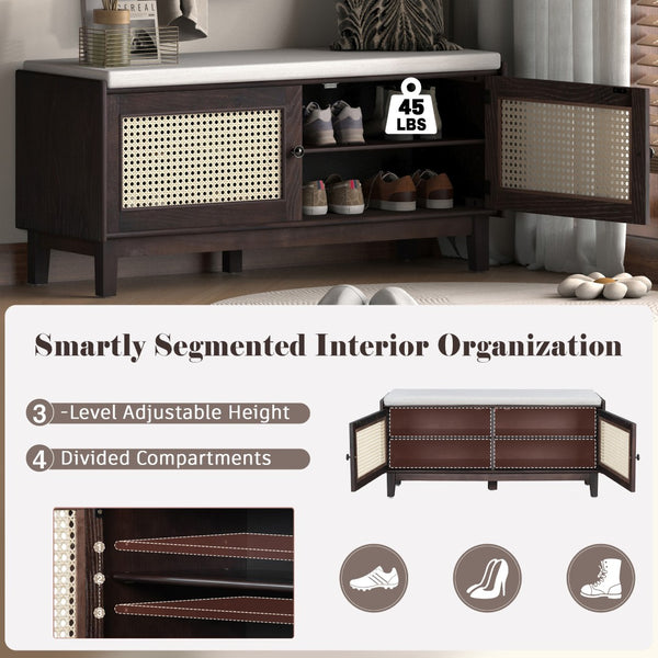 English Elm Trexm Bohemian Rattan Storage Bench Cushioned Seat Shoe Cabinet for Entryway Beige,Espresso N715P308012P