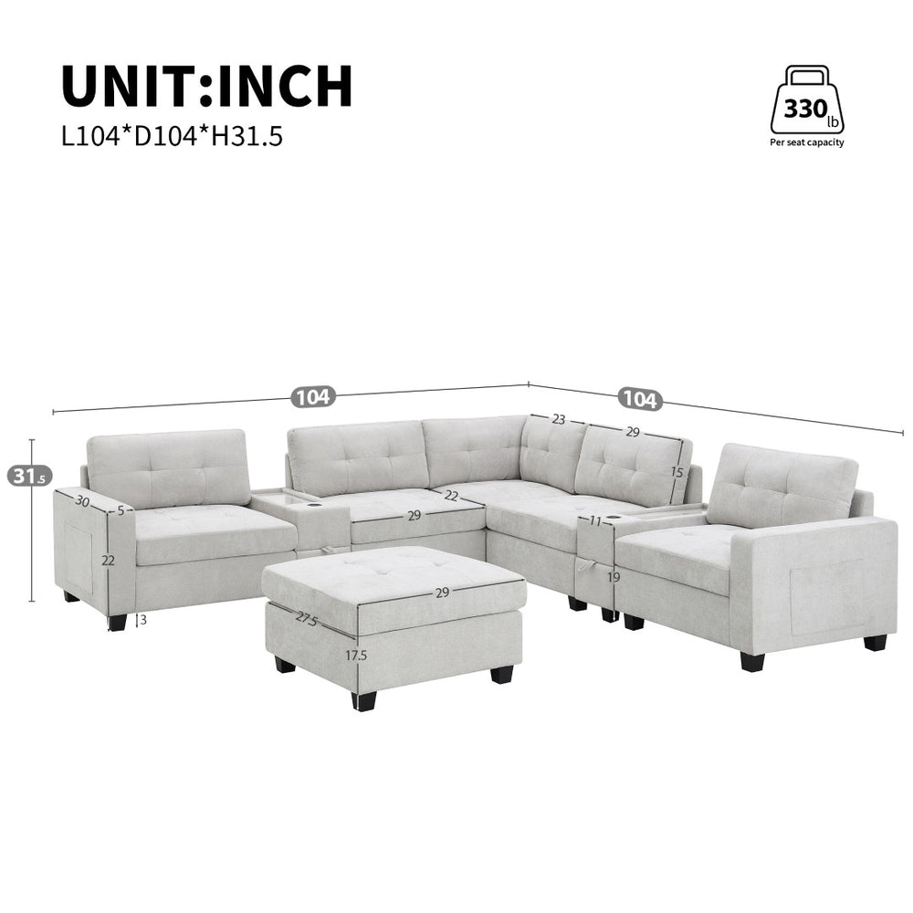 English Elm [new U-shaped Chenille Sectional Six Seat Tufted Couch with Usb Charging Storage Light Gray N723S1191K