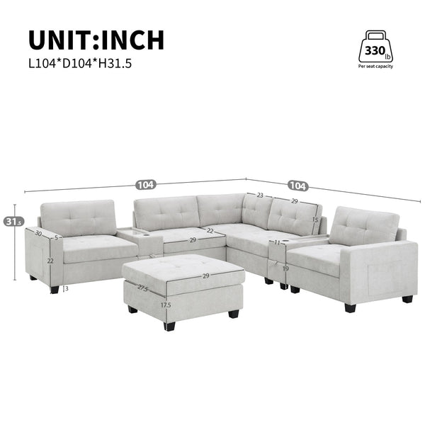 English Elm [new U-shaped Chenille Sectional Six Seat Tufted Couch with Usb Charging Storage Light Gray N723S1191K