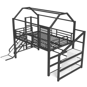 English Elm Full Full House Loft bed with Slide and Stairs, Metal House Play Loft with Storage Shelves and Quiet Design Black W1580S00350