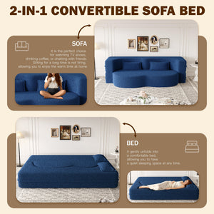 English Elm Modern Full Size Folding Sofa Bed with Teddy Fabric, Foam-Filled 15" Sleeper, 2 Pillows, No Assembly Required Blue W1885P272263