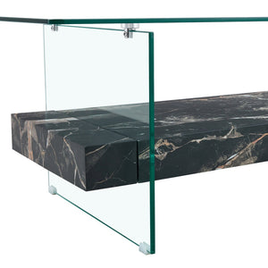 English Elm Rectangular Two Tier Glass Coffee Table with Marble Shelf for Modern Living Rooms W2920P226071