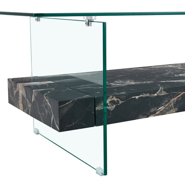 English Elm Rectangular Two Tier Glass Coffee Table with Marble Shelf for Modern Living Rooms W2920P226071