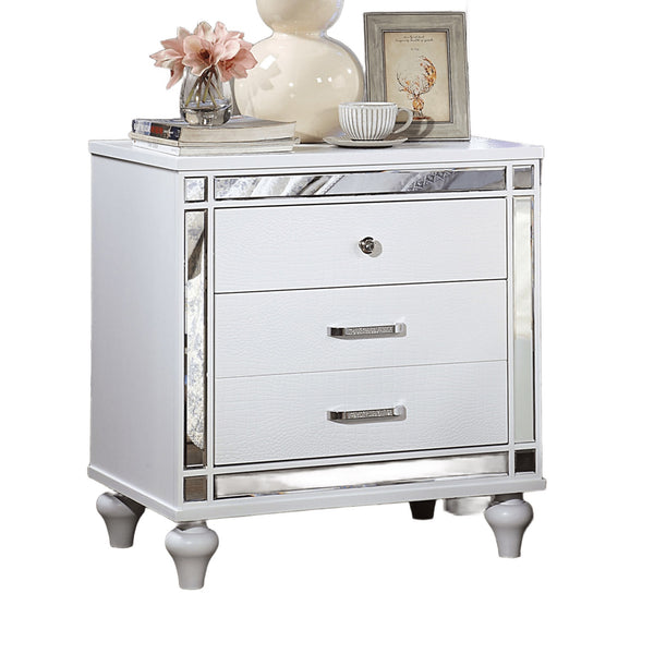 English Elm White Crocodile-Textured Nightstand with Mirror Trim, Felt-Lined Top Drawers & Ornate Bun Feet - Contemporary Bedroom Accent B011P402573