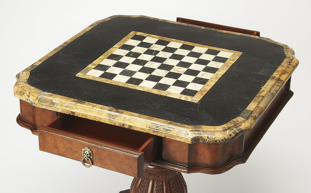 Butler Specialty Carlyle Square Game Table With Fossil Stone Top And Reversible Chess/Backgammon Board, Stylish Design Multi,Color Resin,Fossil Stone Veneer 506070-butler